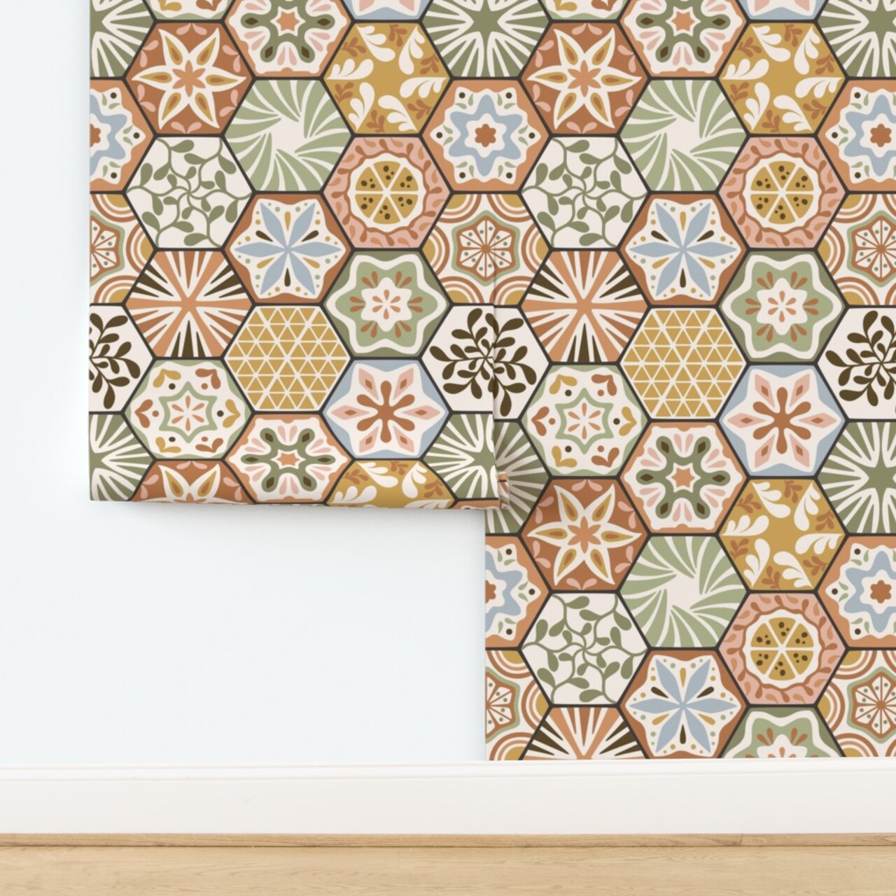 Mosaic Faux Tile Hexagon Geometric Olive Salmon Blue Earth Tones Lemon Botanical Leaves Shapes Stars Retro Orange Kitchen Bathroom Custom Removable Wallpaper by Spoonflower Peel & Stick Wallpaper 2FT Wide